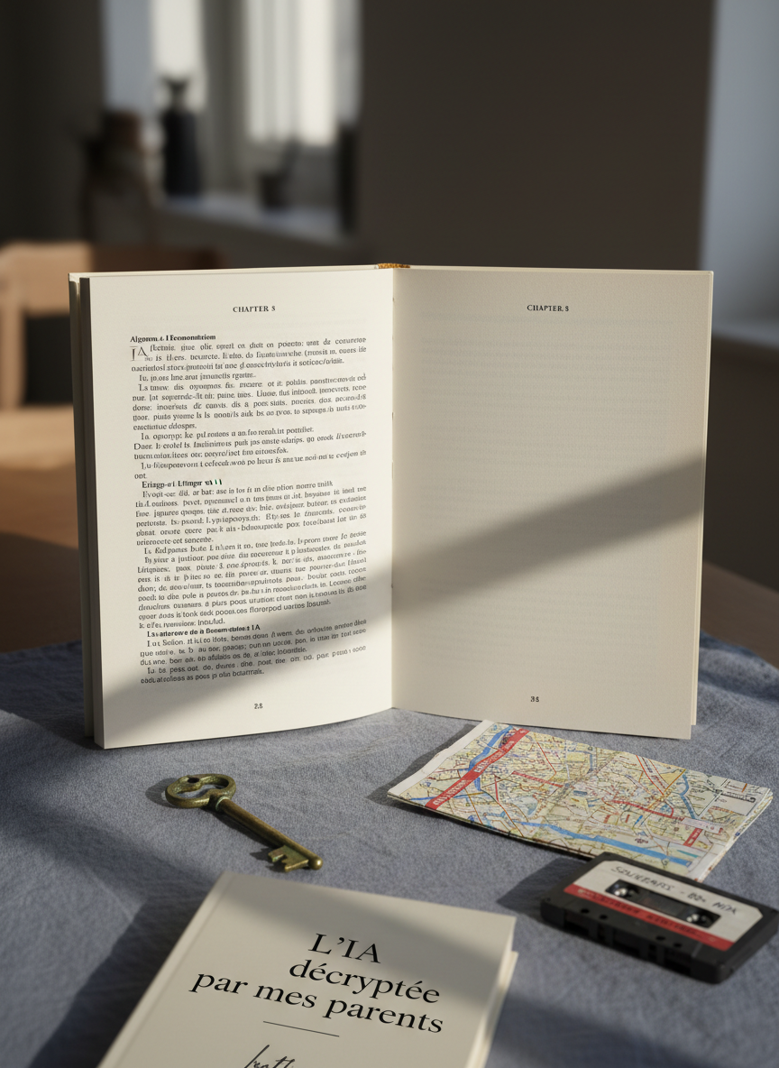 An elegantly minimalist hardcover book titled “L’IA décryptée par mes parents” lying open at chapter 8 on a textured linen cloth, the left page filled with dense, neatly printed text on artificial intelligence, the right page perfectly blank, its creamy paper subtly reflecting light. Surrounding the book, a scattered constellation of small, analog objects—an antique brass key, a folded metro map, a vintage cassette tape—hint at everyday lives affected by unseen algorithms. Soft, diffused overcast light from an unseen window creates gentle, contemplative shadows and highlights the contrast between written and unwritten space. Photographic realism, captured at eye level with a rule-of-thirds composition and gentle bokeh background, conveys a sophisticated, reflective mood about who gets to author the future.
